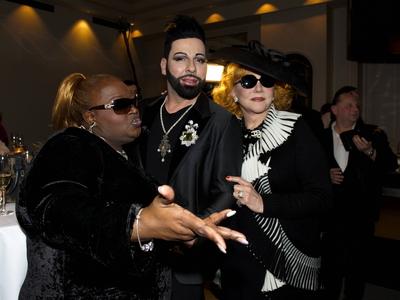 93/ Dynelle Rhodes, Harald Gloeoeckler, Romy Haag, Haute Cuisine Ladies Lunch zur Berlin Fashion Week live mit Stardesig-stock-foto