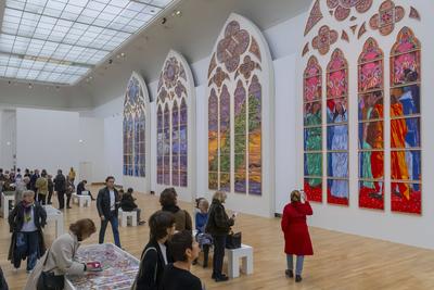 Exhibition of models of the six future contemporary stained glass windows of Notre-Dame de Paris at the Grand Palais-stock-foto