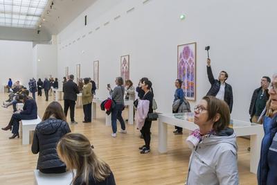 Exhibition of models of the six future contemporary stained glass windows of Notre-Dame de Paris at the Grand Palais-stock-foto