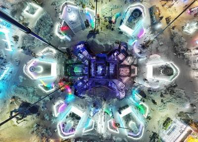 HARBIN, CHINA - DECEMBER 10: Aerial view of the main tower of the 27th Harbin Ice-Snow World on December 10, 2025 in Har-stock-foto