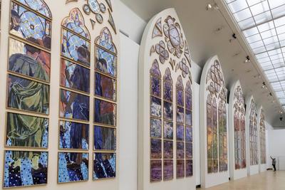 Exhibition of models of the six future contemporary stained glass windows of Notre-Dame de Paris at the Grand Palais-stock-foto