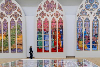 Exhibition of models of the six future contemporary stained glass windows of Notre-Dame de Paris at the Grand Palais-stock-foto