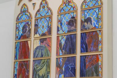 Exhibition of models of the six future contemporary stained glass windows of Notre-Dame de Paris at the Grand Palais-stock-foto