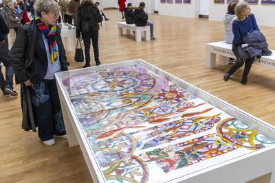 Exhibition of models of the six future contemporary stained glass windows of Notre-Dame de Paris at the Grand Palais-stock-foto