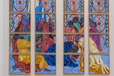 Exhibition of models of the six future contemporary stained glass windows of Notre-Dame de Paris at the Grand Palais-stock-foto