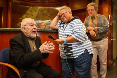 Haraszty István kiállítása a Klubrádióban.A képen Haraszty István, Falusi Mariann és Arató András.2017.09.18.Fotó:Vörös Szilárd-stock-foto