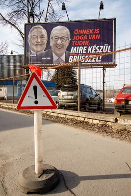 Soros and Juncker posters in Budapest.-stock-foto