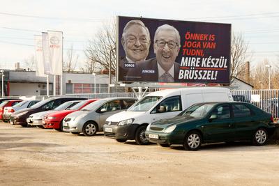 Soros and Juncker posters in Budapest.-stock-foto