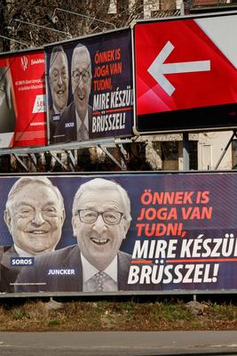Soros and Juncker posters in Budapest.-stock-foto