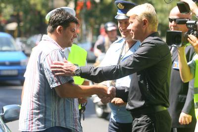 Mika Hakkinen Budapesten kampányol-stock-photo