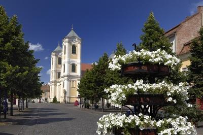 Gyöngyös belvárosa és a Szent Bertalan templom-stock-foto