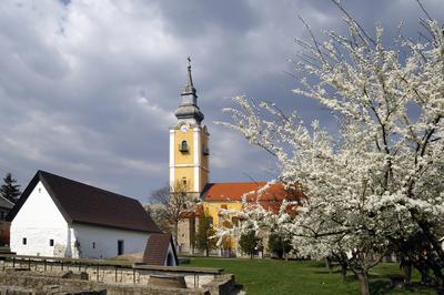 Pásztó, Oskolamester háza és a katolikus templom-stock-foto