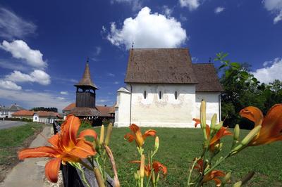 Márokpapi református templom és harangláb-stock-foto
