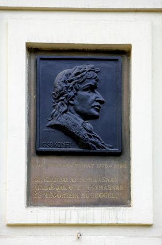 Debrecen, Csokonai Vitéz Mihály bronz reliefje-stock-foto