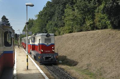 Budapest, Széchenyi-hegyi Gyermekvasút (Úttörõvasút) Hûvösvölgy állomása.-stock-foto