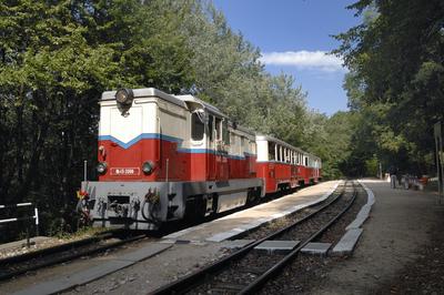 Budapest, Széchenyi-hegyi Gyermekvasút (Úttörõvasút) Hûvösvölgy állomása.-stock-foto