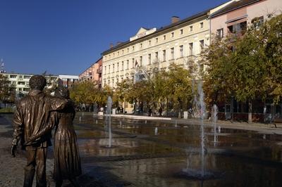 Damjanich János Múzeum, Szolnok belvárosa, előtérben a Sétáló ifjú pár szobor-stock-foto