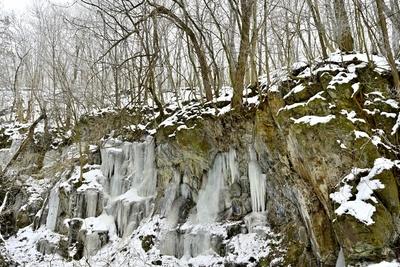 Tombol a t?l, Ezekben a t?li napokban  reggelre a h?m?r?k sokszor -15 fok al? s?lyednek.Hatalmas ?ll? j?gcsapokat var?zsolt a term?szet a hideg t?li napokban a Szurdokp?sp?ki hat?r?ban tal?lhat r?gi rekultiv?lt k?b?nya fal?ra. A M?traalj?n tal?lhat? szurdokv?lgyben az  egykori b?nya fal?n az orgona s?pokhoz hasonl? , de egy-k?t m?ter magas j?gcsapok pomp?znak a t?li hidegben a j?gbe z?rt szurdok v?lgyben.-stock-foto