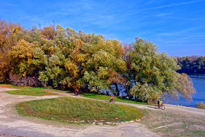 Kerékpárosok az őszi Dunánál-stock-foto