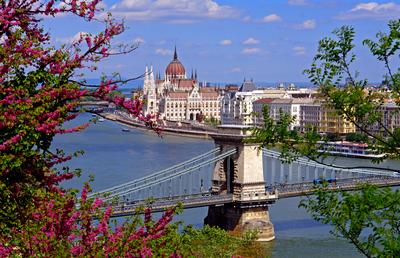 Budapesti látkép a Lánchíddal, Parlamenttel tavaszi virágokkal-stock-foto
