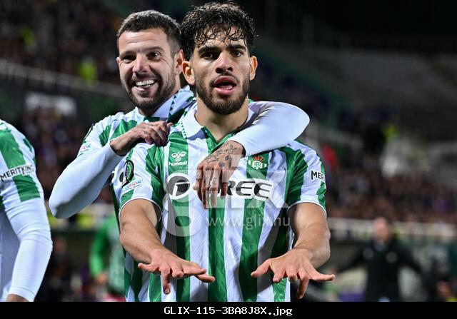 Florence, Italy. 12th May, 2025. Real Betis Balompie's forward Abde Ezzalzouli celebrates after scoring a goal during ACF Fiorentina vs Real Betis Balompie, UEFA Conference League football match in Florence, Italy, May 08 2025 Credit: Independent Photo Agency/Alamy Live News