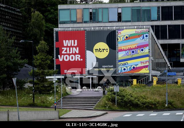 HILVERSUM - Building with logos of BNNVARA, NTR (Dutch Program Foundation, Teleac and RVU), HVMAN and VPRO at the Media Park. Dutch broadcasters make television and radio productions here. ANP ROBIN VAN LONKHUIJSEN netherlands out - belgium out