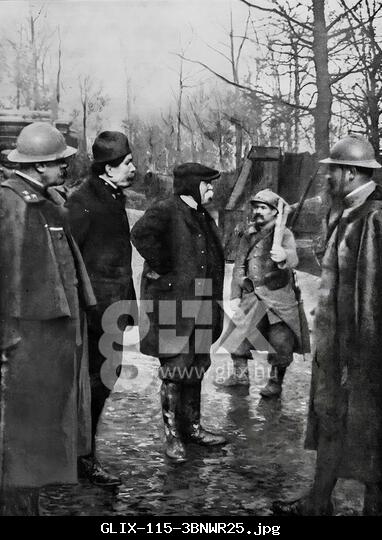 22 January 1916, WWI. Georges Clemenceau, future French Prime Minister and then President of the Senate Army Commission, visits French troops in the Forest of Apremont. Seen here speaking with soldiers at the front, Clemenceau is accompanied by Senator Henri Bérenger. This image from L'Illustration captures a moment of political and military solidarity on the Western Front during a critical phase of the Great War.