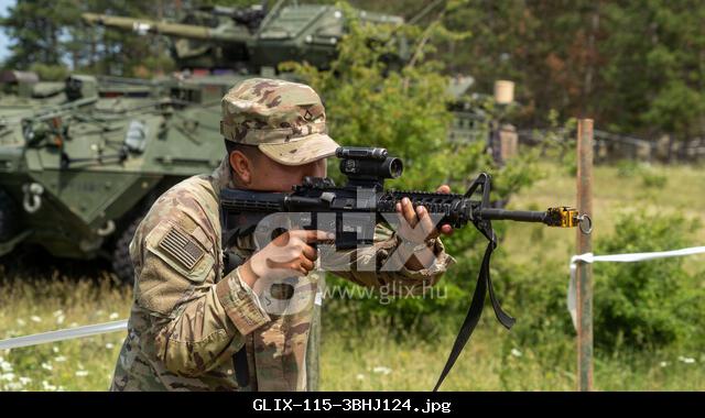 U.S. Army Soldiers assigned to 4th Squadron, 2nd Cavalry Regiment refine individual weapon handling and target acquisition techniques during simulated room-clearing drills at Camp Wolf, Hungary, June 9, 2025. The training, conducted in a boundary-marked “glass house” lane, reinforced precision movement and controlled engagements during close-quarters operations as part of Saber Guardian 25. (U.S. Army photo by Spc. Carlos Marquez) Demonstrating global deterrence and the U.S. Army’s ability to rapidly deploy U.S.-based combat power in Europe and the Arctic region alongside Allies and partner