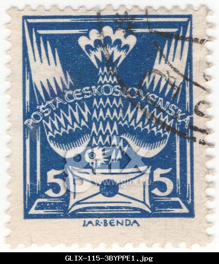 CZECHOSLOVAKIA - 1920 June 1: 5 haléř dark blue postage stamp depicting stylized Carrier Pigeon with a Letter. Pigeon post is the use of homing pigeons to carry messages. Pigeons are effective as messengers due to their natural homing abilities. The pigeons are transported to a destination in cages, where they are attached with messages, then the pigeon naturally flies back to its home where the recipient could read the message. They have been used in many places around the world. Pigeons have also been used to great effect in military situations, and are in this case referred to as war pigeon