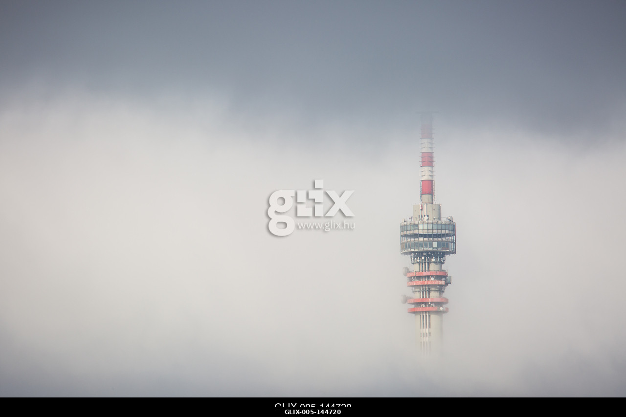 Telecommunication Tower in foggy and cloudy sky.A pécsi Tv-torony és Kilátó Magyarország legmagasabb épülete. A 197 méter magas  épület a Mecsek 53...