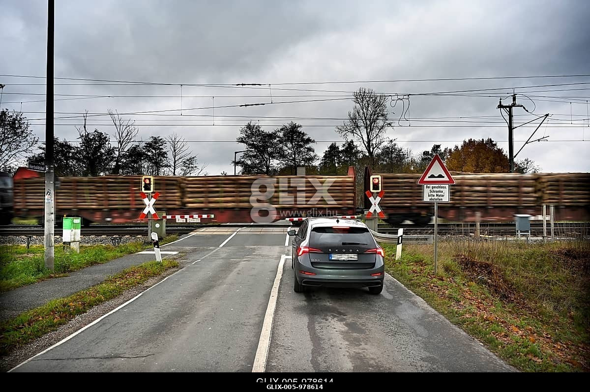 Passing goods train at a level crossing with barriers, Fürth, Middle Franconia, Bavaria, Germany