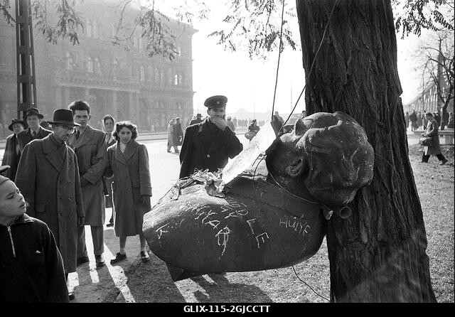 BUDAPEST 1956 Georgi Dimitrov bolgár kommunista vezető szobra egy fán akasztva a Dimitrow téren, Budapest központi utcájában, a Magyar Népköztársas...