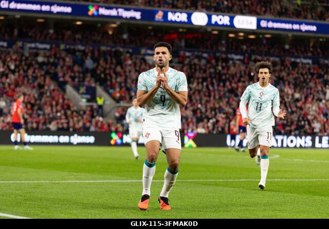 Oslo, Norvégia. 2026. szeptember 27. OSLO, NORVÉGIA - SZEPTEMBER 27.: A portugál Goncalo Ramos ünnepel a gólja után az UEFA Nemzetek Ligája Norvégi...