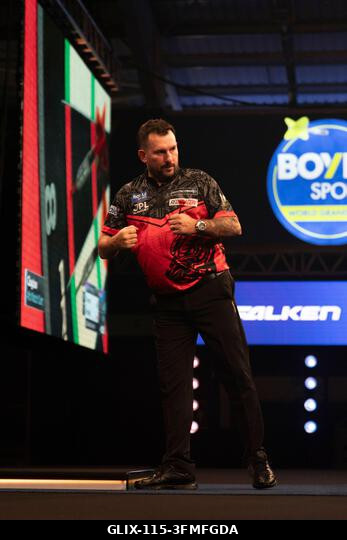 Leicester, UK. 28th Sep, 2026. Jonny Clayton celebrates winning against Krzysztof Ratajski during the 2026 Boyle Sports World Grand Prix at Mattiol...