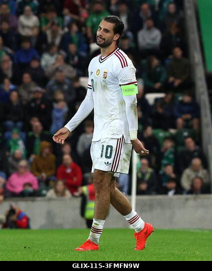 Szoboszlai Dominik, a magyar válogatott játékosa reagál az UEFA Nemzetek Ligája B2-es csoportmérkőzését követően a belfasti Windsor Parkban találha...