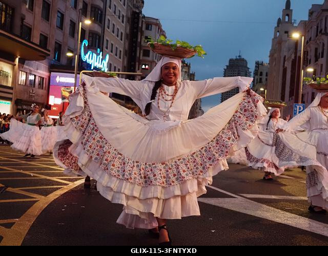 MADRID, SPAIN - October 04: Thousands of dancers paraded along Gran Vía in Madrid to kick off Spain's national festivities with the traditional His...
