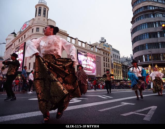 MADRID, SPAIN - October 04: Thousands of dancers paraded along Gran Vía in Madrid to kick off Spain's national festivities with the traditional His...