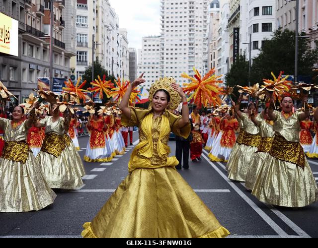 MADRID, SPAIN - October 04: Thousands of dancers paraded along Gran Vía in Madrid to kick off Spain's national festivities with the traditional His...