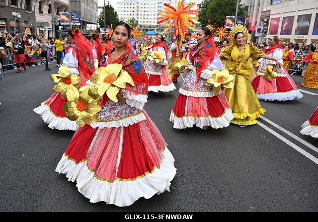 Madrid, Spain. 04th Oct, 2026. Participants in traditional costumes take part in the 2026 Hispanic Day parade on Gran Vía, Madrid. October 4, 2026,...