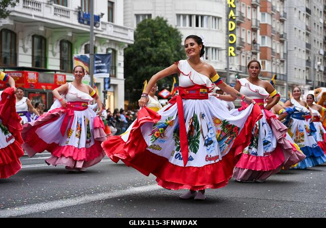 Madrid, Spain. 04th Oct, 2026. Participants in traditional costumes take part in the 2026 Hispanic Day parade on Gran Vía, Madrid. October 4, 2026,...