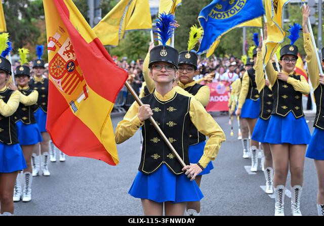 Madrid, Spain. 04th Oct, 2026. Participants in traditional costumes take part in the 2026 Hispanic Day parade on Gran Vía, Madrid. October 4, 2026,...