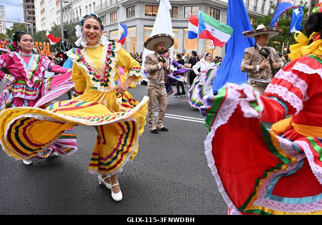 Madrid, Spain. 04th Oct, 2026. Participants in traditional costumes take part in the 2026 Hispanic Day parade on Gran Vía, Madrid. October 4, 2026,...