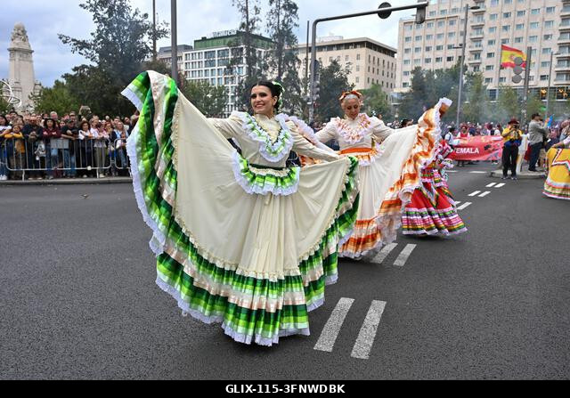 Madrid, Spain. 04th Oct, 2026. Participants in traditional costumes take part in the 2026 Hispanic Day parade on Gran Vía, Madrid. October 4, 2026,...