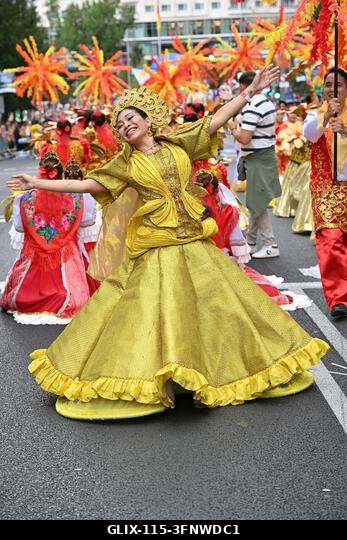 Madrid, Spain. 04th Oct, 2026. Participants in traditional costumes take part in the 2026 Hispanic Day parade on Gran Vía, Madrid. October 4, 2026,...