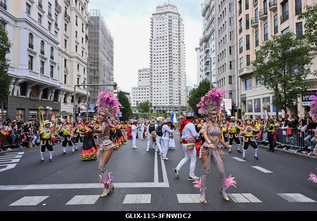 Madrid, Spain. 04th Oct, 2026. Participants in traditional costumes take part in the 2026 Hispanic Day parade on Gran Vía, Madrid. October 4, 2026,...