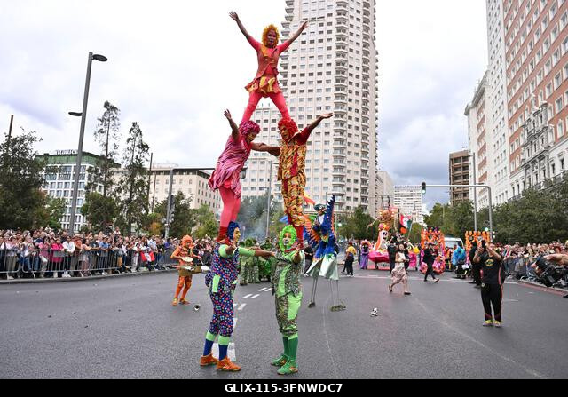 Madrid, Spain. 04th Oct, 2026. Participants in traditional costumes take part in the 2026 Hispanic Day parade on Gran Vía, Madrid. October 4, 2026,...