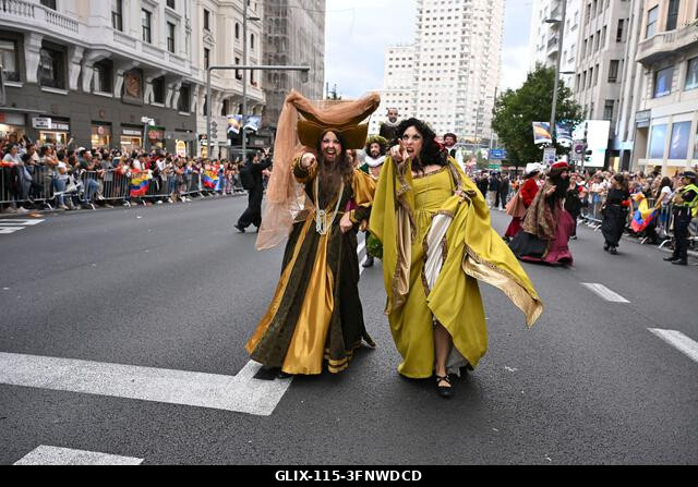Madrid, Spain. 04th Oct, 2026. Participants in traditional costumes take part in the 2026 Hispanic Day parade on Gran Vía, Madrid. October 4, 2026,...