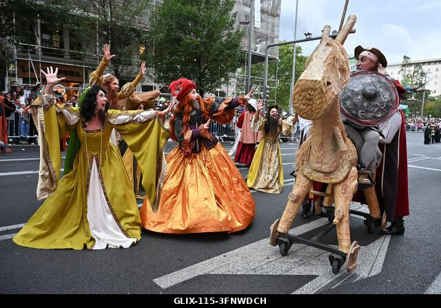 Madrid, Spain. 04th Oct, 2026. Participants in traditional costumes take part in the 2026 Hispanic Day parade on Gran Vía, Madrid. October 4, 2026,...
