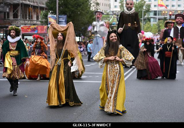 Madrid, Spain. 04th Oct, 2026. Participants in traditional costumes take part in the 2026 Hispanic Day parade on Gran Vía, Madrid. October 4, 2026,...