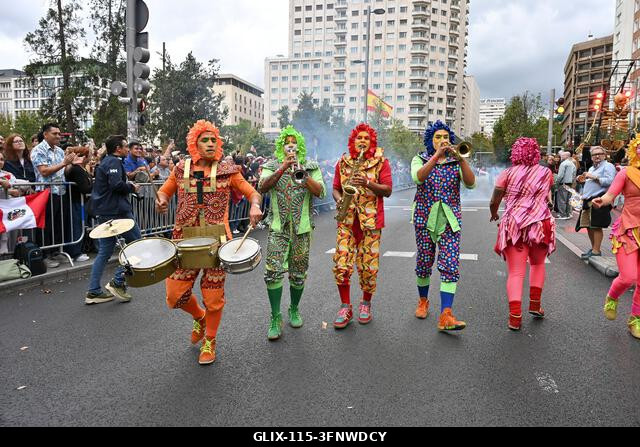 Madrid, Spain. 04th Oct, 2026. Participants in traditional costumes take part in the 2026 Hispanic Day parade on Gran Vía, Madrid. October 4, 2026,...